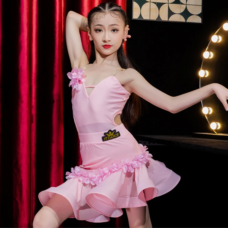 

2024 Girls Pink Dress Latin Dance Clothes Summer Cha Cha Rumba Dance Dress Kids Latin Performance Wear Practice Clothes DNV20524