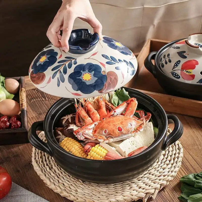 1.5L Japanese Retro Cookware Casserole Stew Pan Ceramic Soup Cooking Boiler Thick Bottom Pot Open Fire Heat-resistant Soup Pot