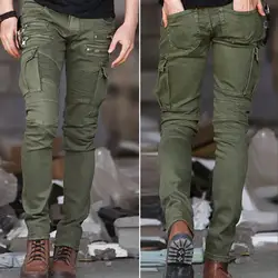 Motorcycle Cargo Pants Pleats Multi Pockets Solid Color Slim Fit Streetwear Hip Hop Mid Waist Pencil Pants BIker Trousers