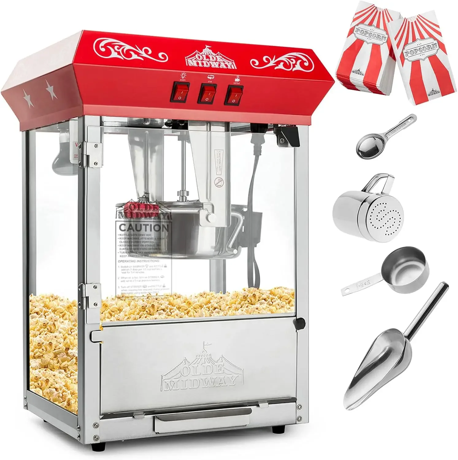 Midway Bar Style Popcorn Machine Maker Popper with 8-Ounce Kettle - Red