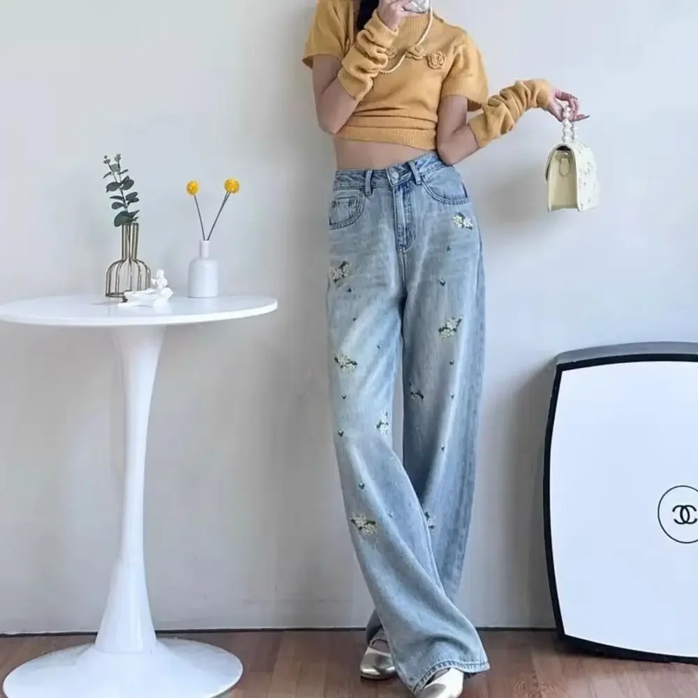 

Women's Embroidered Wide Leg High Waist Loose Hot Drilled Floor Pants Dopamine Pants Jeans Feminino 2025 Spring And Summer New