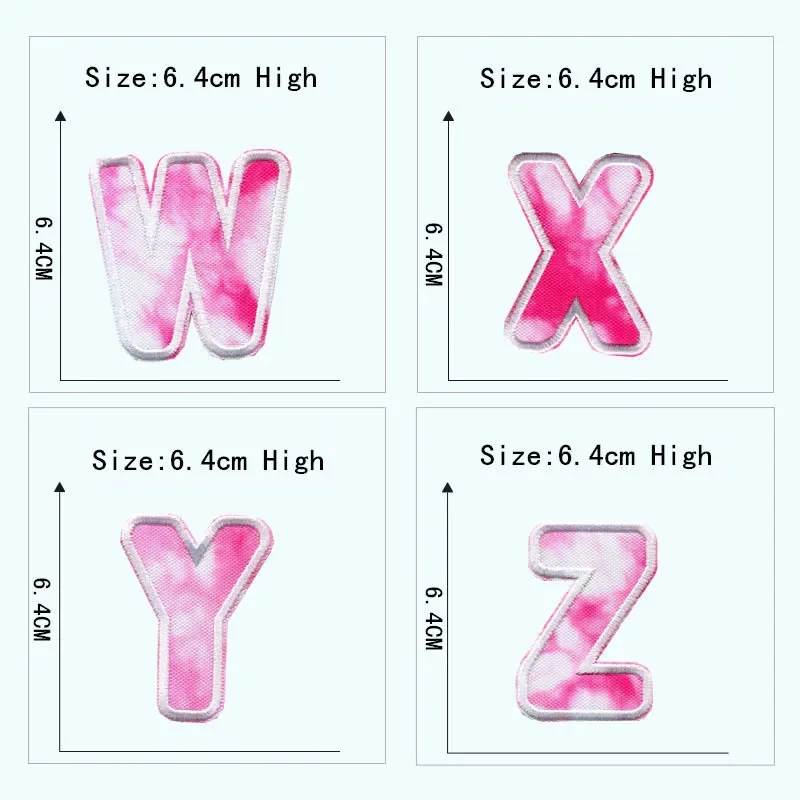 White Pink Tie Dye Embroidered Letters Iron On Patches Kids Clothing Sew Name Badge Figures Hat Applique Alphabet Sticker 6.4cm