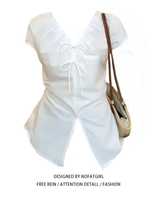 

plus Size Women's Knot Belted V-Ne ort Sve irt Summer Slimming Age-Defng Meat-Covering Top Korean Sle