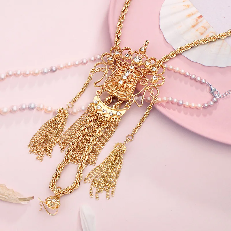 Long Chain Algeria Bride Pendant Necklace Gold Plated Ethnic Tassels Chain Necklace for Women Pendentif Diamant Femme