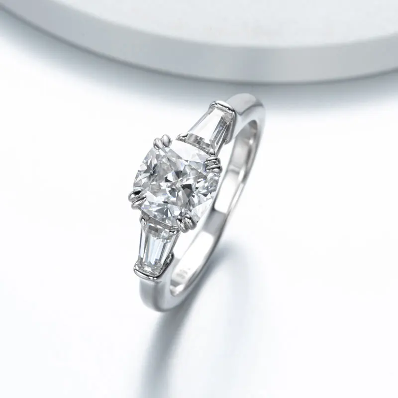 DEZO All Moissanite Engagement Rings For Women Three Stone Solid 925 Silver Cushion Cut 2 Carat VVS1 D Color GRA Certificate