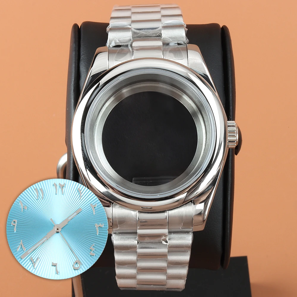

Silver NH35 36mm 39mm Watch Case With 28.5mm Arabic Dial and Hands Presidential Strap Fit NH35 NH36 Movement Stainless Steel