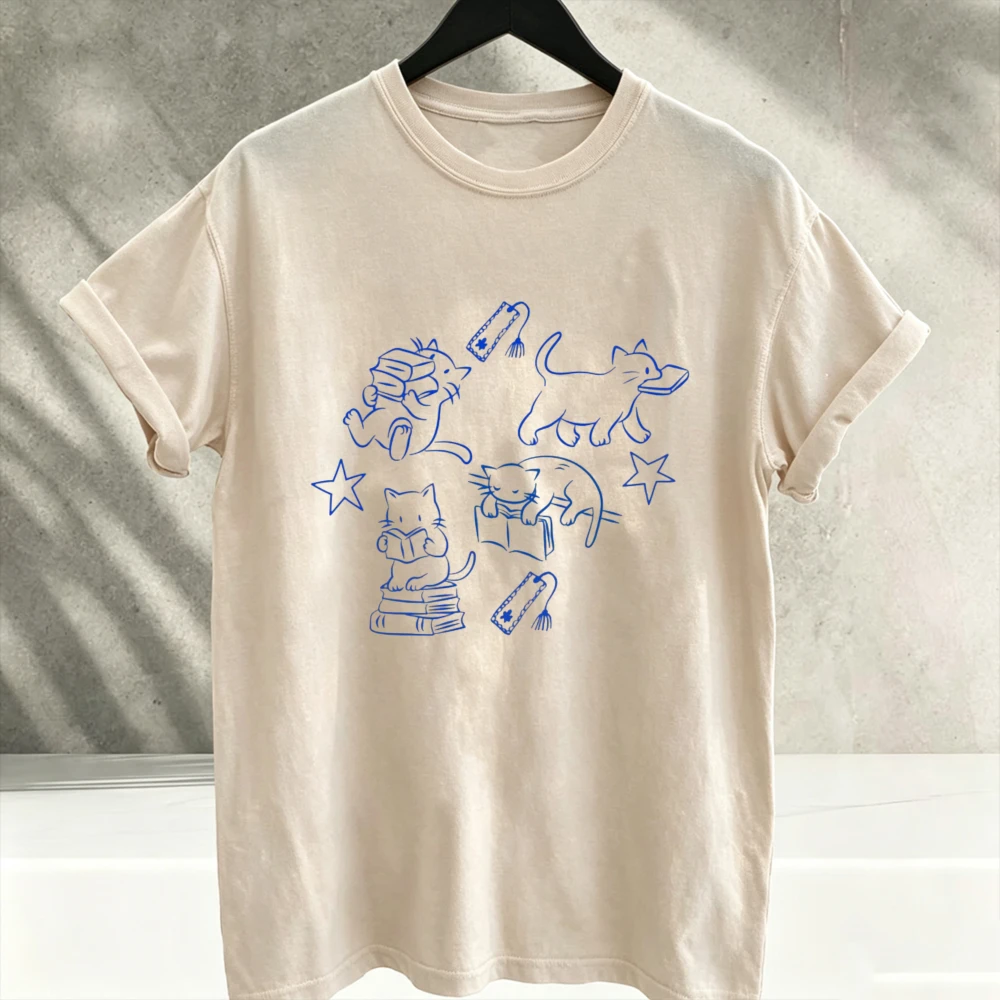 Blue Line Doodle Cats Star Graphic Tshirt Cute Kitten Sketch Print Casual Cotton Short Sleeve Crew Neck Cat Lover Daily Wear Tee