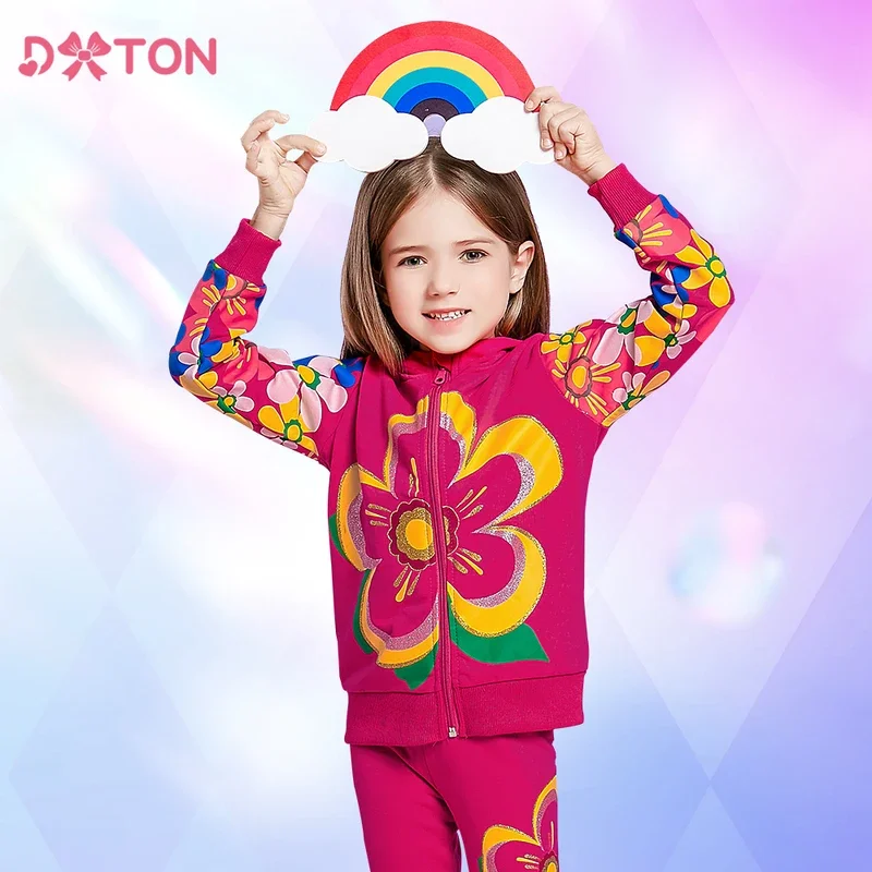 Dxton autumn winter girls coat hoodies children outerwear flower printed kids thick jacket coat zipper sport teens outwear 3-12y