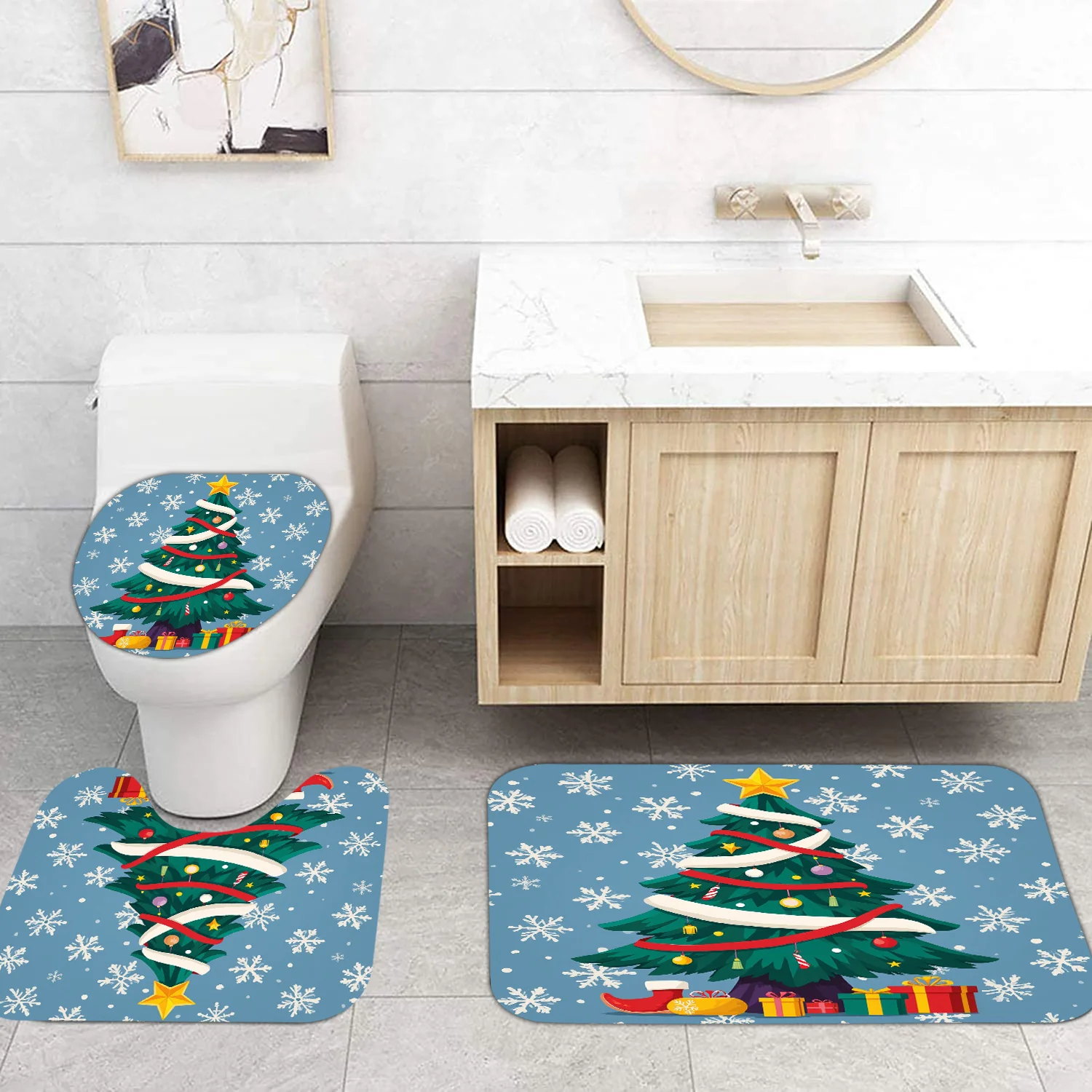

Набор из 3 праздничных ковриков для ванной в виде рождественской елки — нескользящий коврик для подарка и гирлянды и крышка для радостного праздничного декора и веселых вибраций ​
