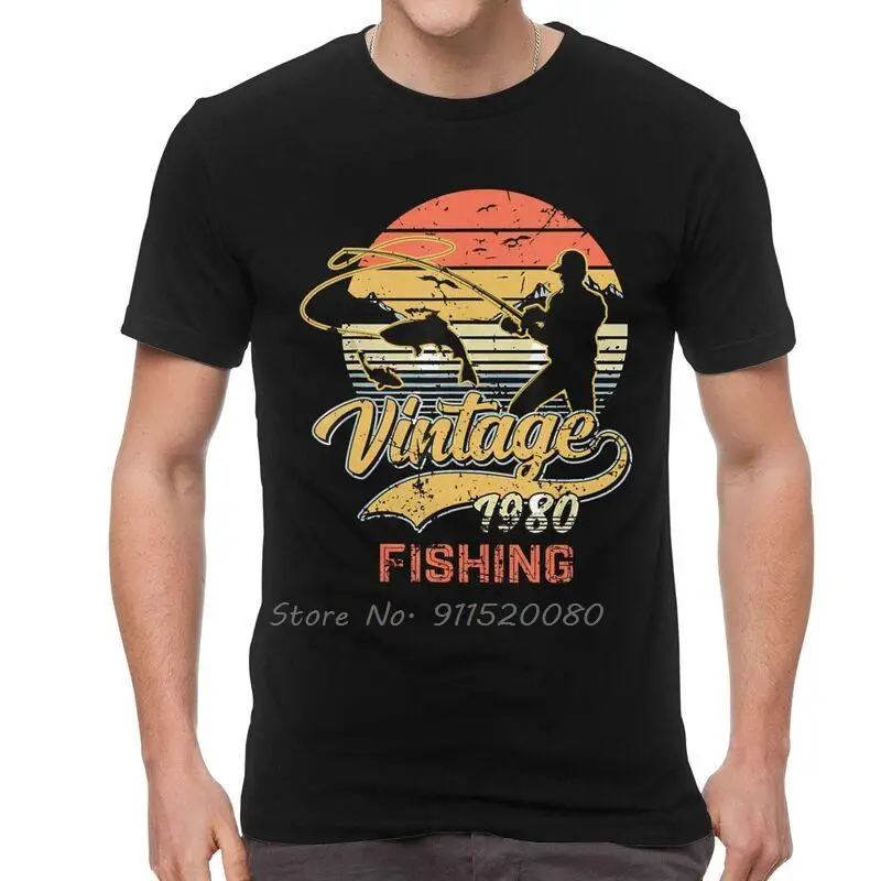 Fishing Birthday T Shirt Men's Cotton Printed T-shirts Tshirt Short Sleeve Vintage Fish 1980 Fisher Birthday Gift Tee Tops