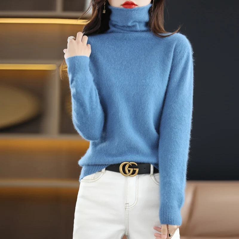 Autumn and Winter New Women\'s Clothing Sweater 100% Mink Cashmere Pile Collar Pullover Casual Knitted Basic Large Size Tops