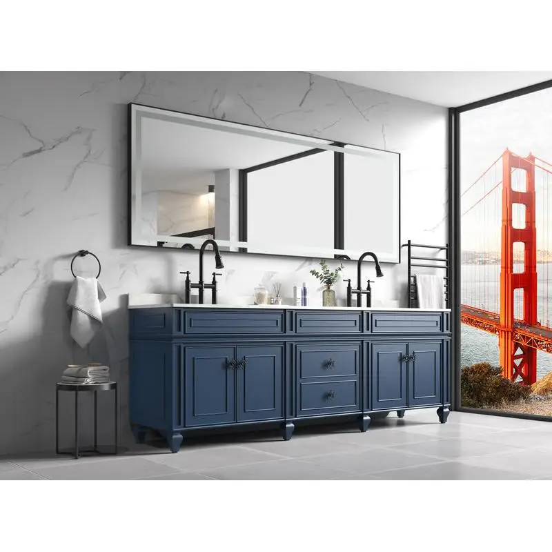 

36in H x 96in W Framed LED Bathroom Vanity Mirror with Polished Crystal Finish, 3 Adjustable Color Lights for Wall Mounting