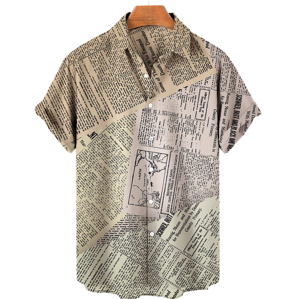 News Papers Graphic Shirts for Men Clothing 3D Printing Hawaiian Beach Shirts Short Sleeve y2k Tops Vintage Clothes Lapel Blouse