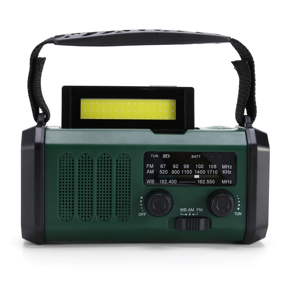 

Светодиодное аварийное радио AM/FM/WB с аккумулятором 10000 мАч, ручным динамо-генератором, солнечной зарядкой, фонариком, лампой для чтения и компасом