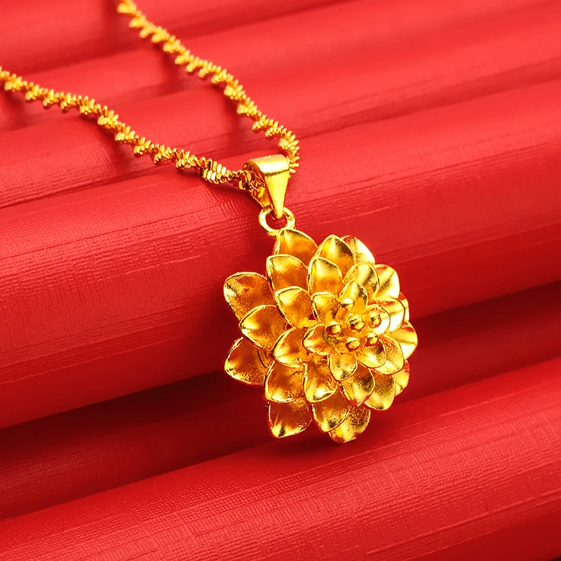 Eternal Flower Pendant Water Wave Chain Necklace for Women 14K Yellow Gold Color Ring Trendy Wedding Jewelry with Box Gifts