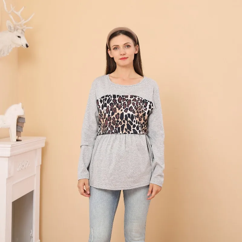 

Весенне-осенняя модная футболка из чистого хлопка для беременных с леопардовым узором и круглым вырезом для беременных женщин с длинным рукавом для кормления грудью
