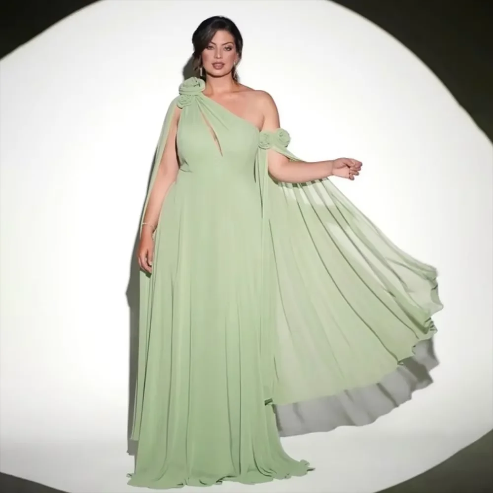 

Customized 2024 New Mint Green Evening Dresses With Flower A-Line One Shoulder Pleated Floor Length Prom Formal Party Prom Dress