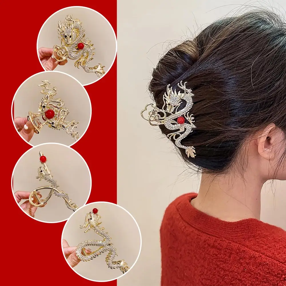 2024 New Chinese Style Dragon Year Hair Clips For Women Red Bead Rhinestone Shark Clip Noble Elegant Jewelry Hair Accessories