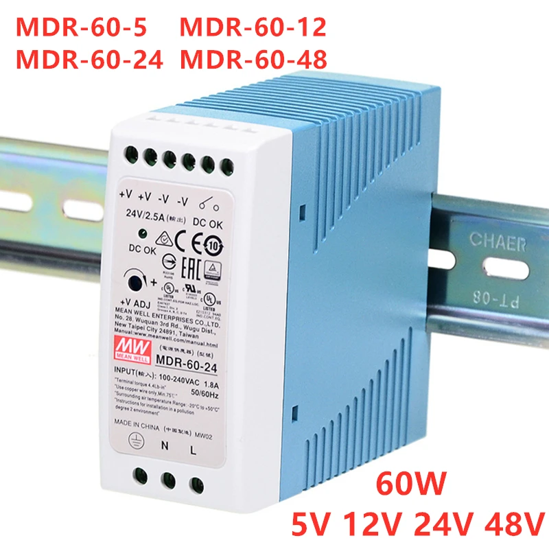 MEAN WELL Industrial Din Rail 60W Single Output Switching Power Supply MDR-60-5 MDR-60-12 MDR-60-24 MDR-60-48