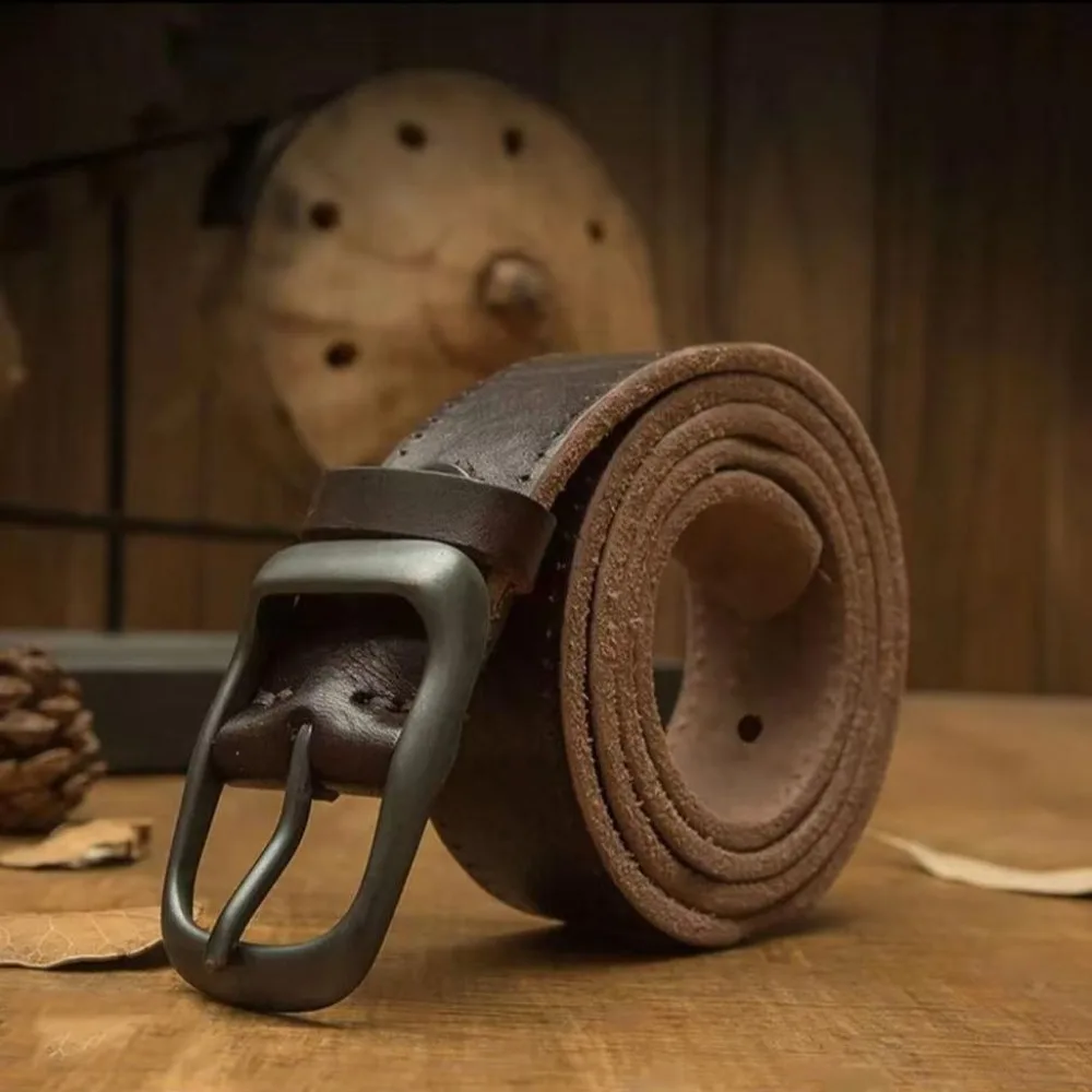 

125CM First-layer cowhide pin buckle belt, handmade retro versatile pants belt for jeans, simple and casual genuine leather belt