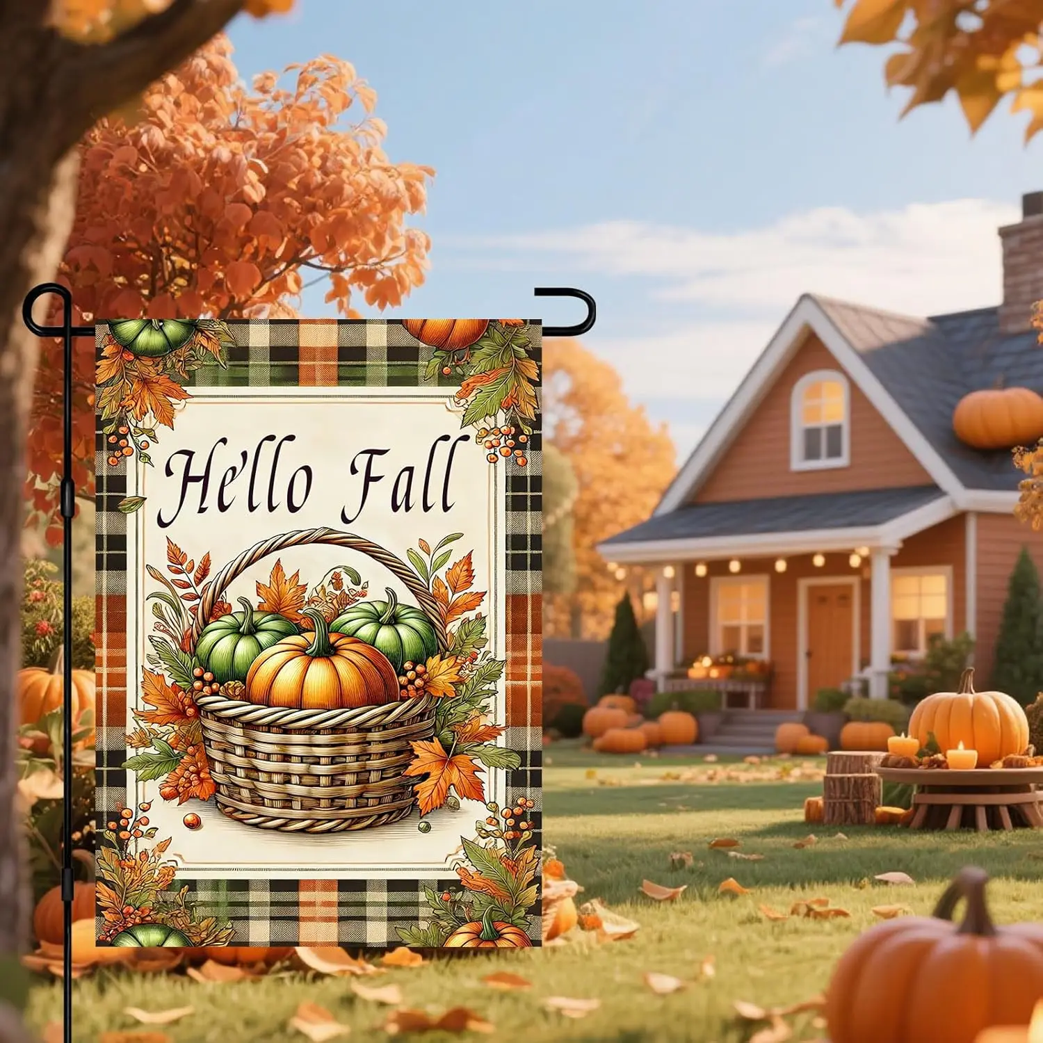 Hello Fall Autumn Garden Flag Pumpkins Basket Plaid Border Harvest Outdoor Yard Flag 12x18 Inch Double Sided Banner For Fron yyi