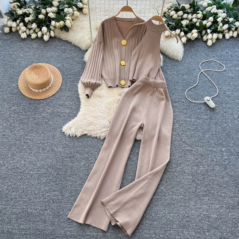 Picture 3: Advanced Knitted V-Neck Vest Cardigan Three Piece Set Women's Autumn Commuting Style Metal Button Slim Fit Set