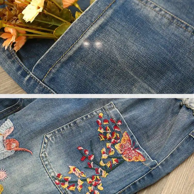 Women Jeans Pants Summer Vintage Floral Embroidery Casual High Waist Baggy Jeans Femme Light Blue Denim Harem Pants