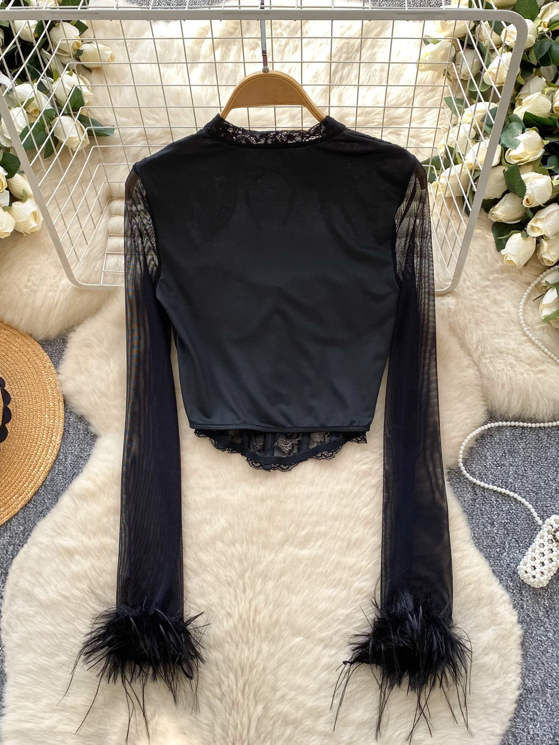 Mulheres preto gótico o-pescoço camisas e blusas vintage y2k 2000s manga longa malha rendas retalhos camisa roupas primavera outono 2025