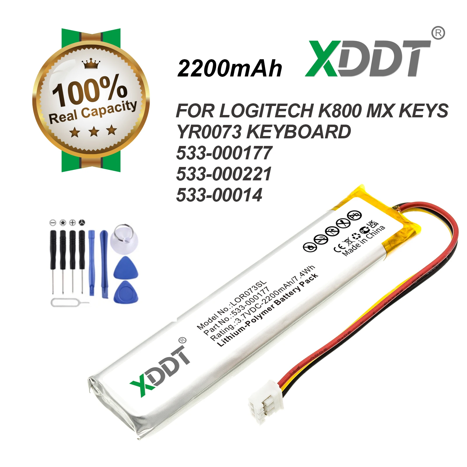 XDDT 3.7V 2200mAh Replacement Rechargeable Keyboard Battery 533-000177 for Logitech MX KEYS, YR0073