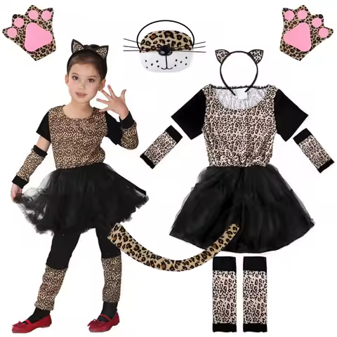 Funny Cute Cartoon Animal Cosplay Girls Tigers Leopards Dress Birthday Costume for Girl Christmas Carnival Outfit Headband