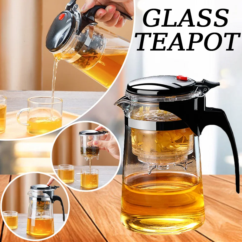 Glass Teapot with Strainer 750ml Thickened Glass Teapot Heat Resistant One-button Filtering Tea Separation Kettle Home Tools