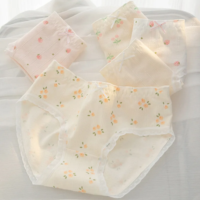 SP&CITY Cute Printed Cotton Underpants For Women Lace Strawberry Cherry Cartoon Panties Student Soft Breathable Seamless Briefs