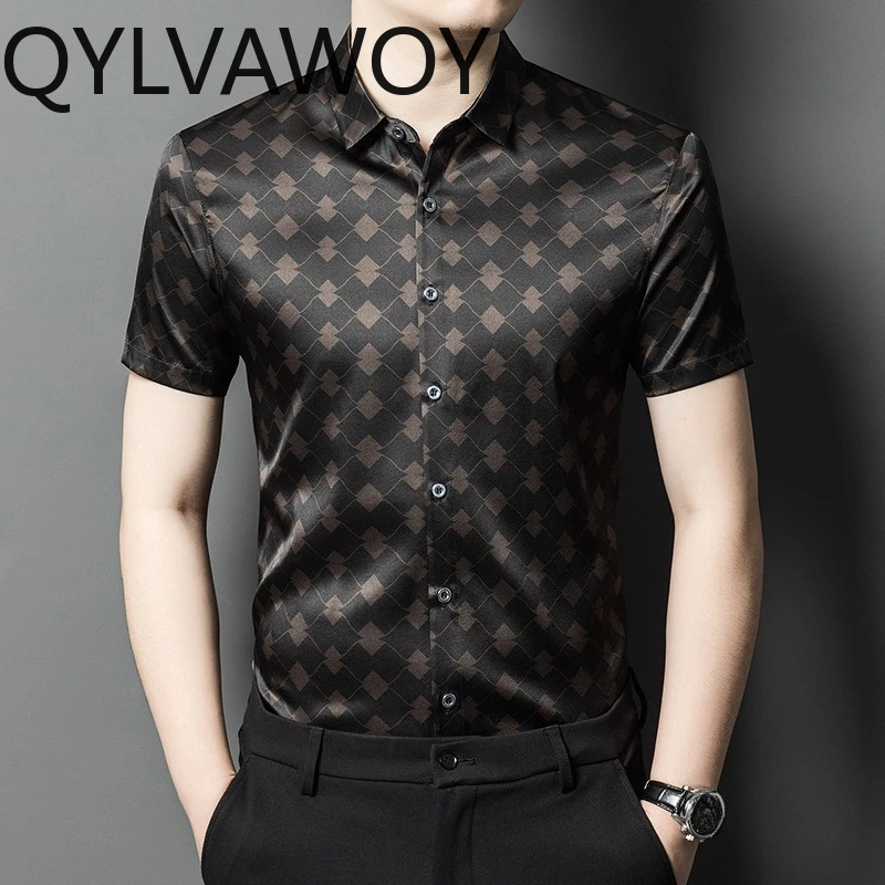 QYLVAWOY High-end Men's Shirts 92.5% Real Mulberry Silk Shirts Short Sleeve Summer Tops Ventilate Man Clothing Business Casual