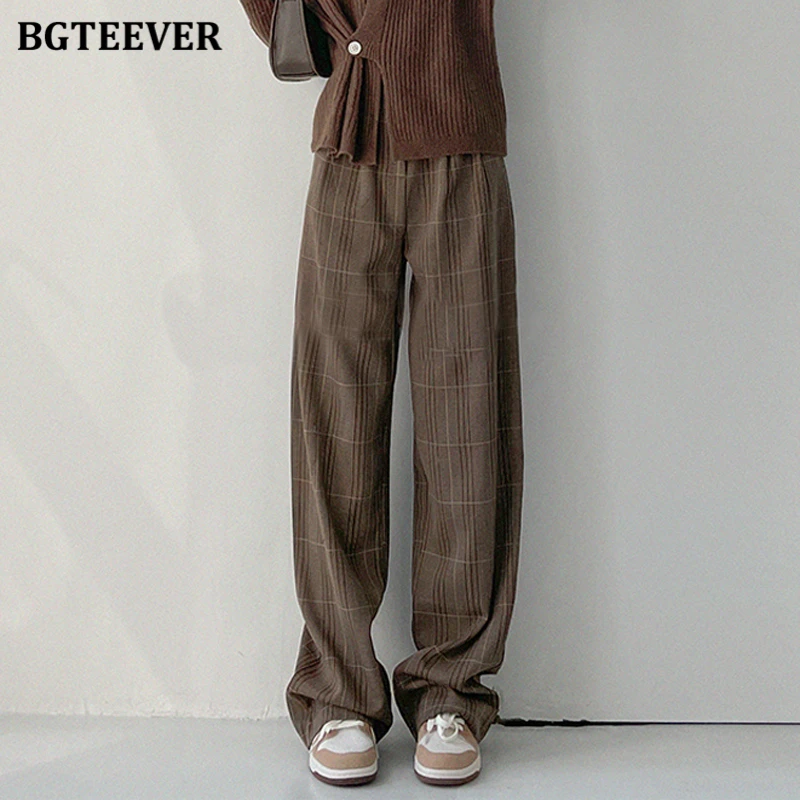

BGTEEVER винтажные свободные женские длинные брюки с карманами, летние повседневные клетчатые широкие брюки с высокой талией для женщин