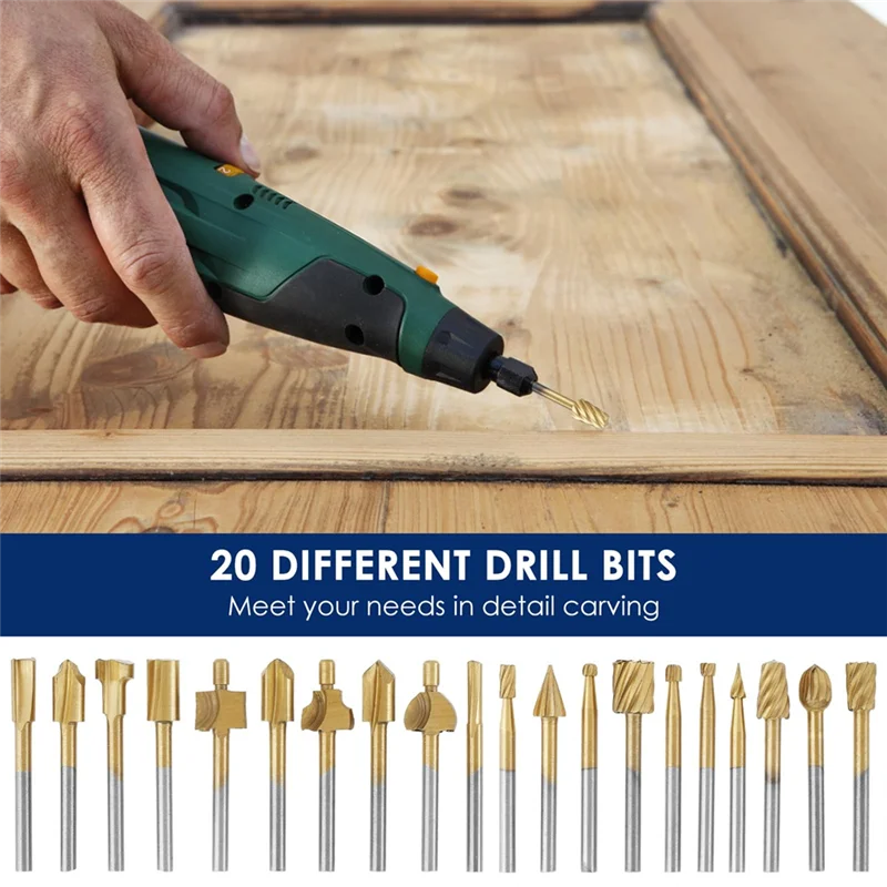A43F-20Pcs لقم نحت الخشب لقمة توجيه النقش، مجموعة أدوات دوارة HSS مع ساق 1/8 بوصة (3 مم) للأدوات الدوارة DIY #2