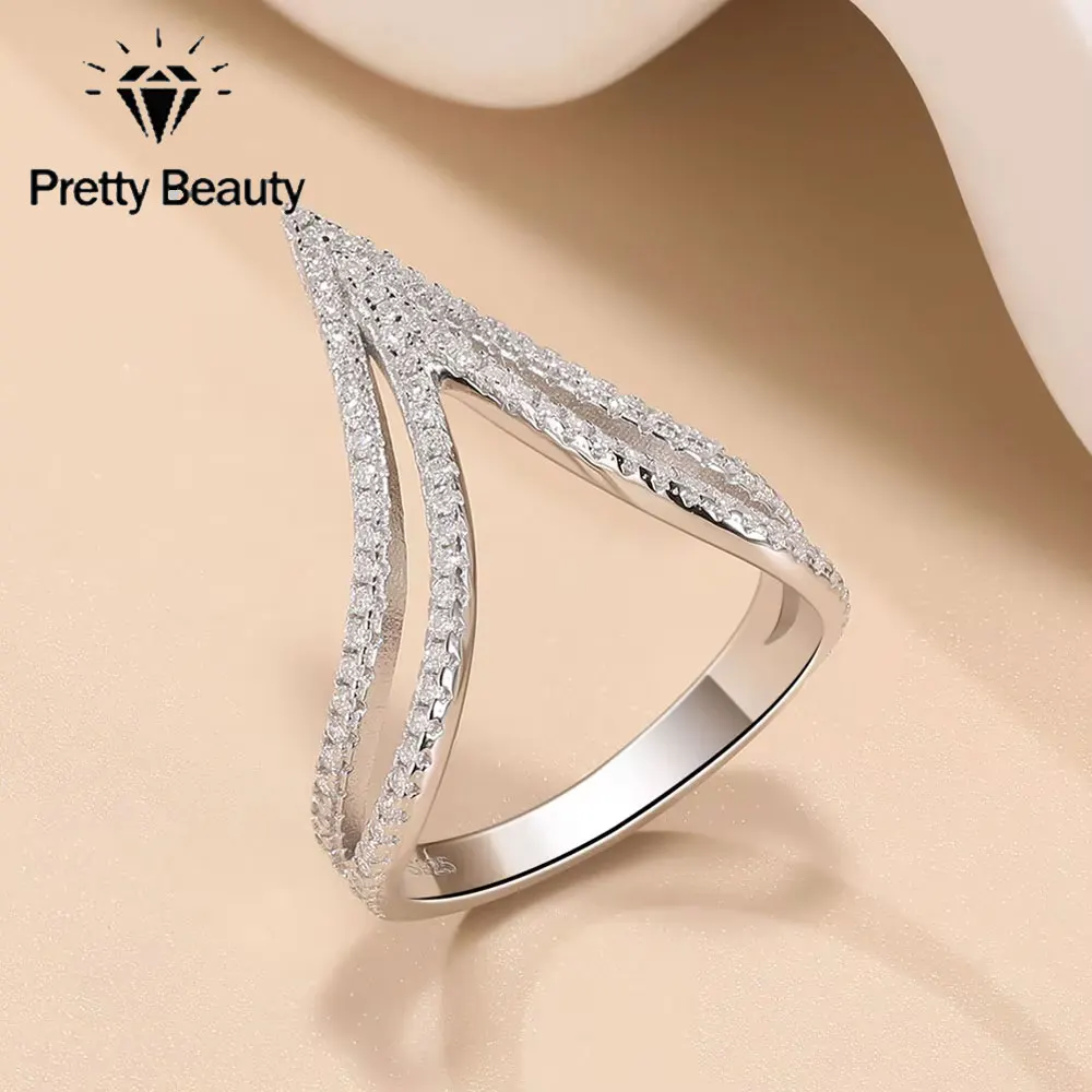 

Pretty Beauty Moissanite V Shaped Crown Tiara Ring for Women 925 Sterling Silver Full Pave Round Diamond Chevron Wedding Band