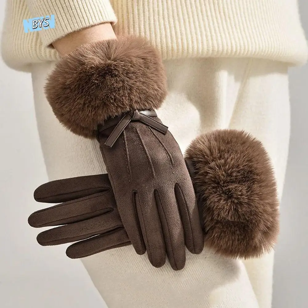 

Cute Velvet Winter Suede Gloves Bow Thick Pu Leather Gloves Touch Screen Warm Women Cycling Mittens Outdoor