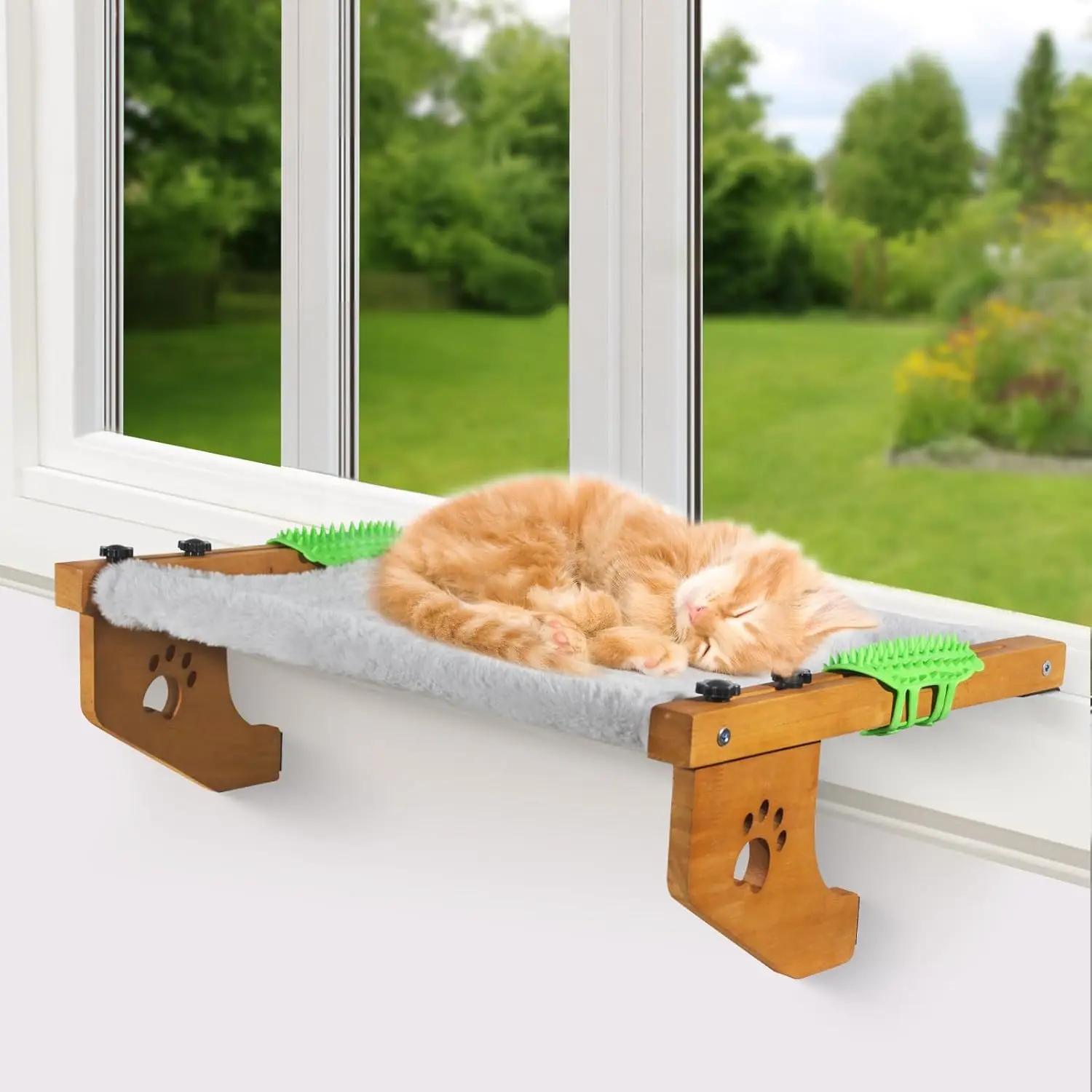

Cat Sill Window Perch Sturdy Hammo Window Seat With Self Groomer,Wood & Metal Frame For Large Cats,Easy To Adjust Cat Bed For