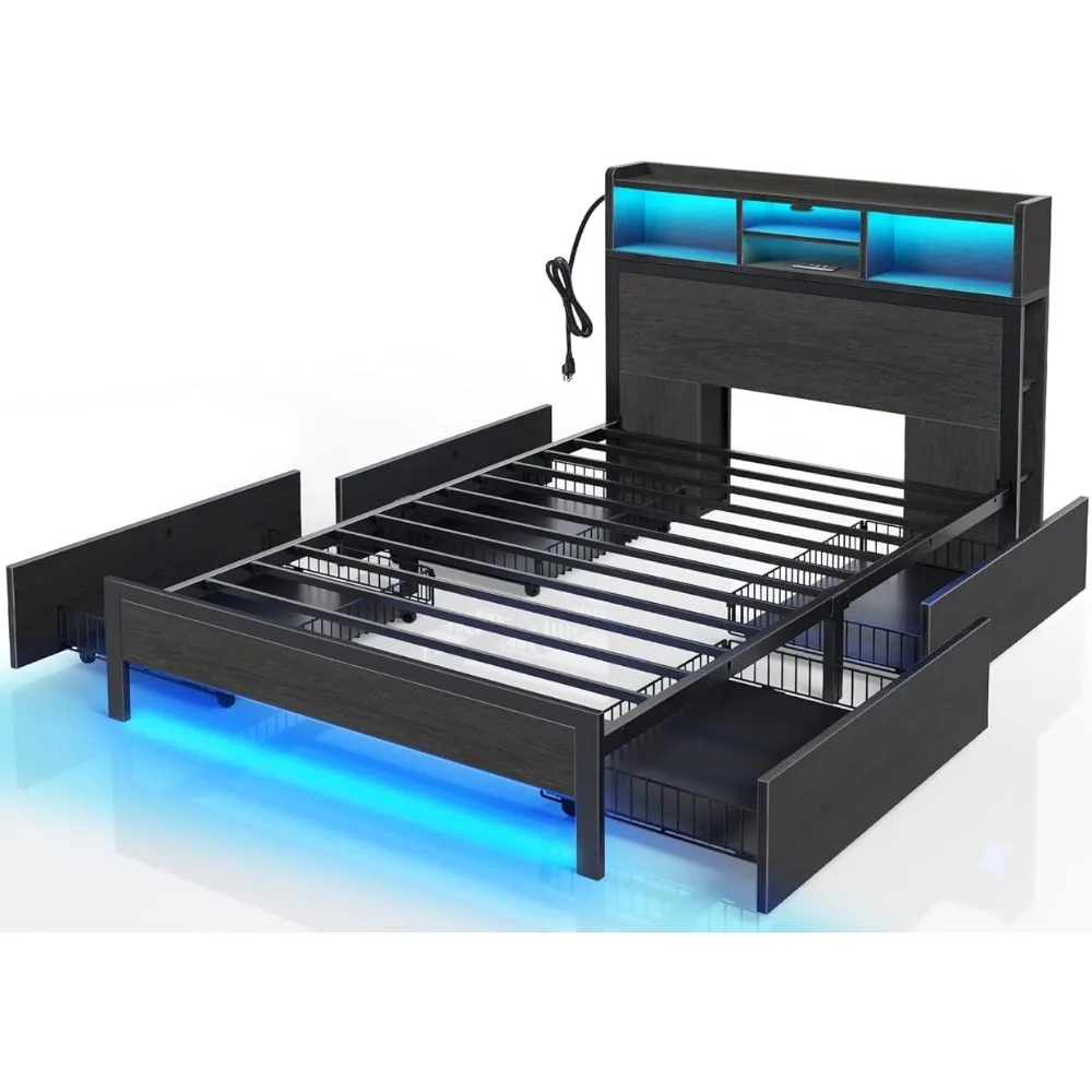 

Bookcase Storage Bed Frame Easy Assembly LED Bed Frame With 4 Drawers Beds No Box Spring Needed Freight Free King Bedroom Home