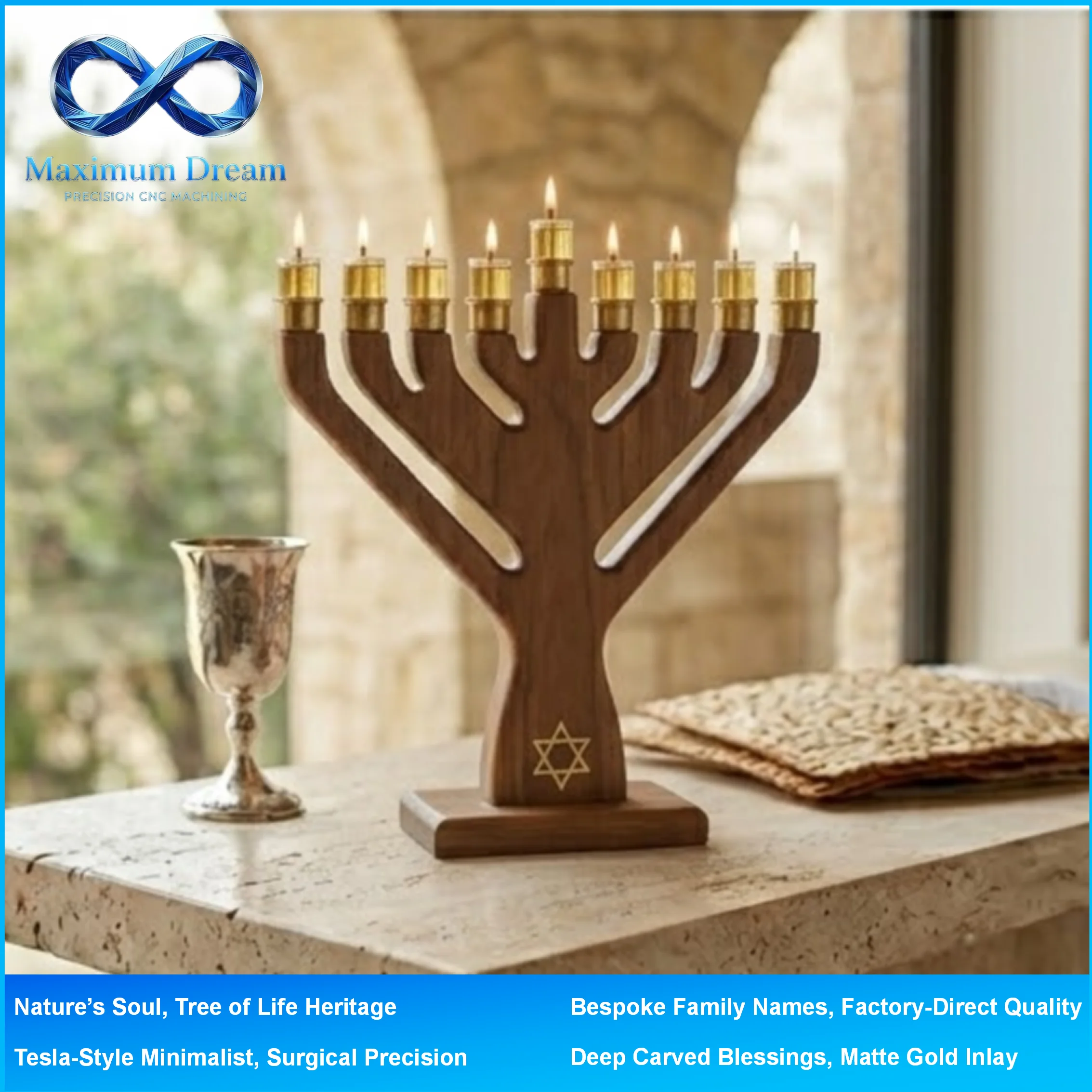 Custom CNC Machining for Walnut Hanukkah Menorah - Factory Bespoke Jewish Judaica per Your Design - Precision Metal & Wood Shop