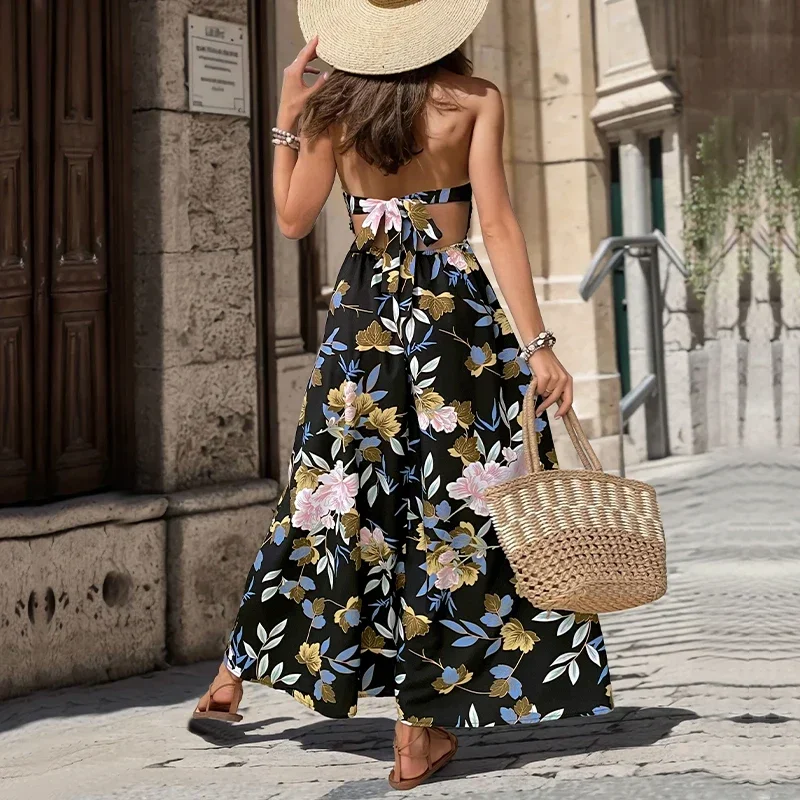 Conciso mujeres verano Casual Boho vestido veraniego Spaghetti Strap espalda descubierta frente dividido hueco cuello en V con cordones vestidos Midi fluidos moda