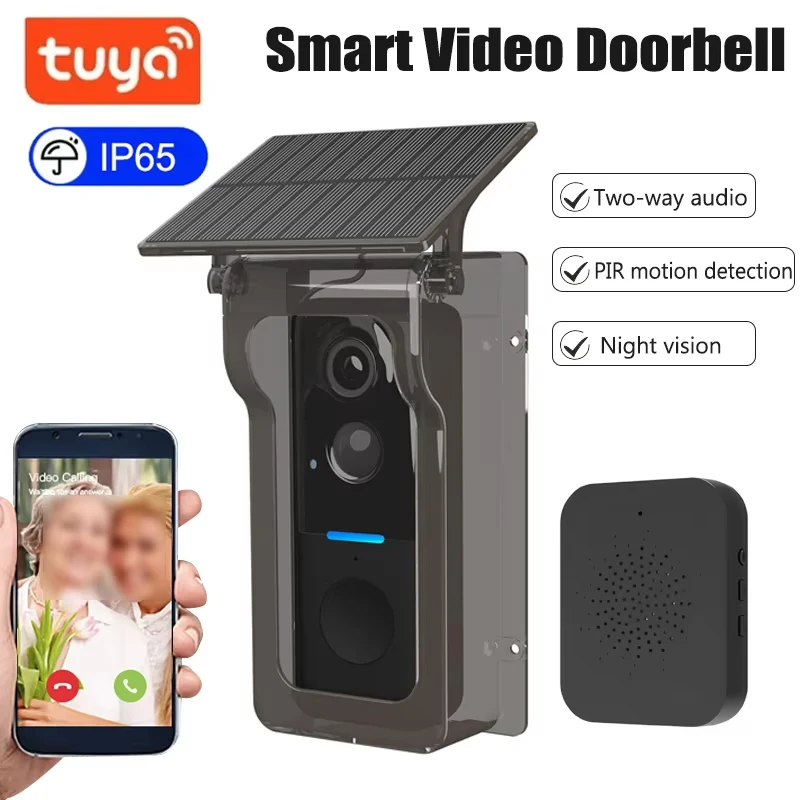 

Tuya Outdoor Wireless Doorbell Solar Rain Cover Waterproof WiFi Door Bell Camera Motion Detection Two-way Audio Video Intercom