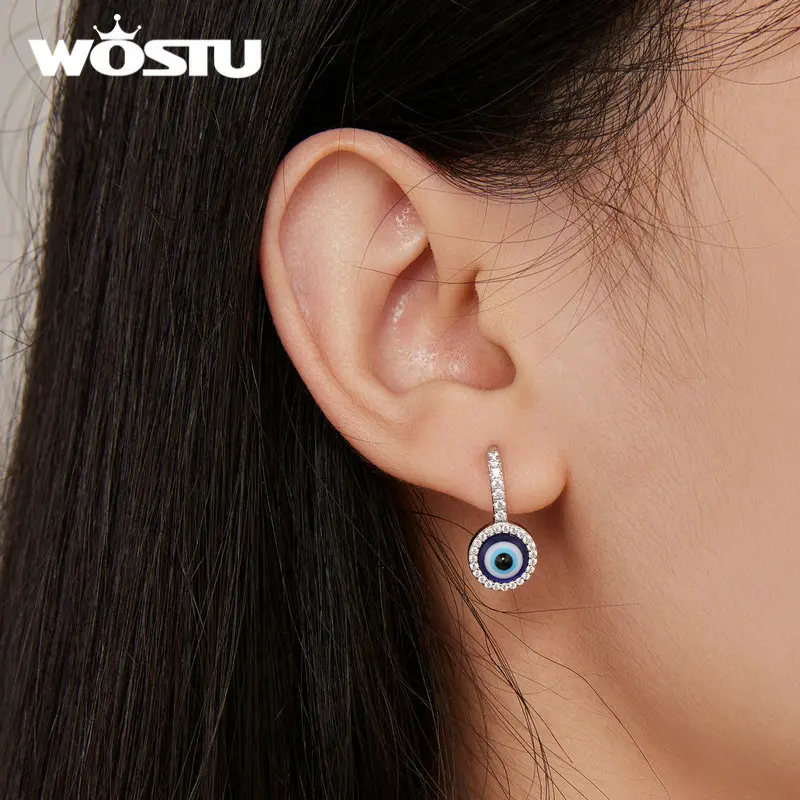 WOSTU 925 Sterling Silver Lucky Evil Eye Drop Dangle Earrings Women Shiny Zircon Hoops Pendientes Special Birthday Jewelry Gift