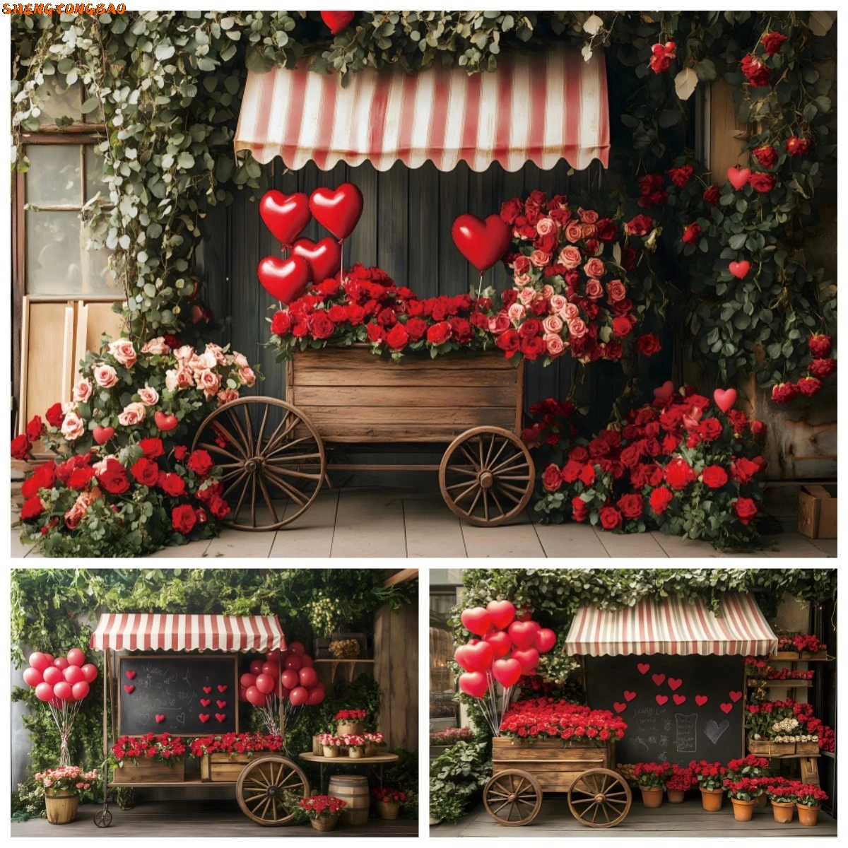 Valentine's Day Photography Backdrop Spring Love Heart Balloon Rose Cart Green Leaf Birthday Cake Smash Decor Photo Background