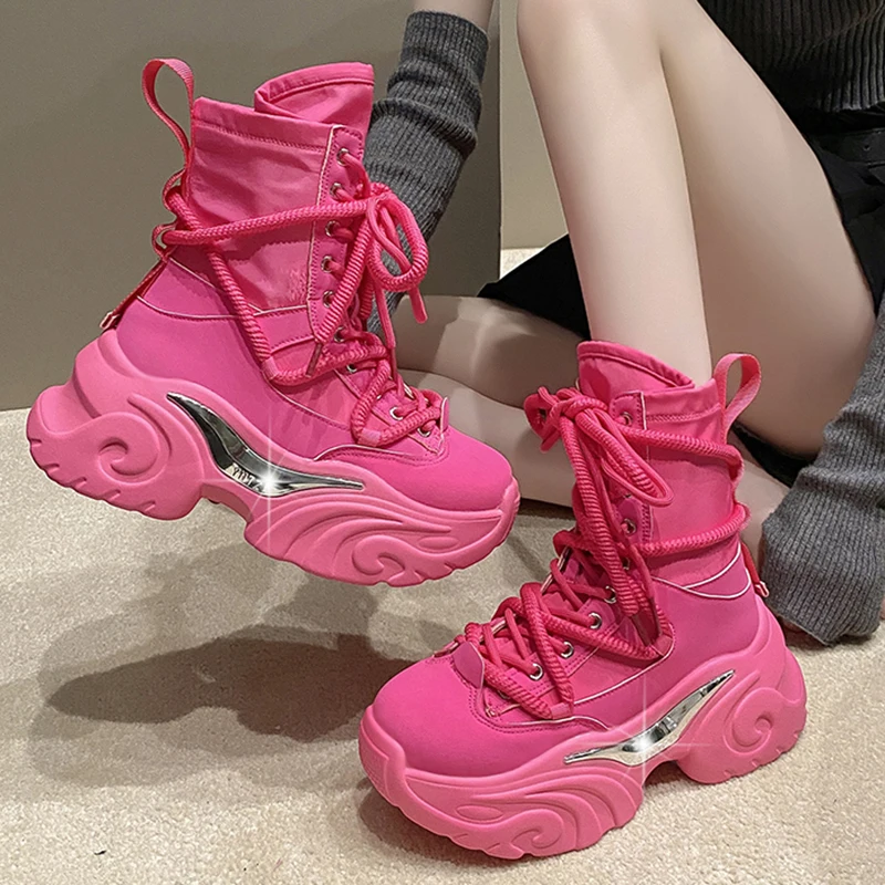 Women 7.5 CM Platform Outdoor Personalized High Top Design Sneakers Lace Up Running Walking Sports Shoes Female Fashion Boots