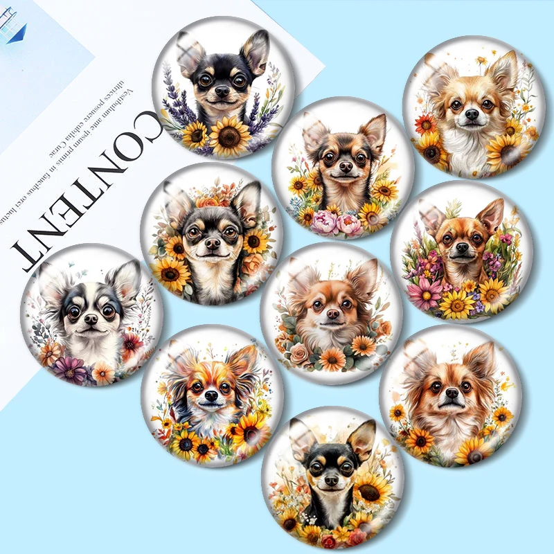 

Watercolor Adorable Chihuahua dog 10pcs 12mm/18mm/20mm/25mm Round photo glass cabochon demo flat back Making findings