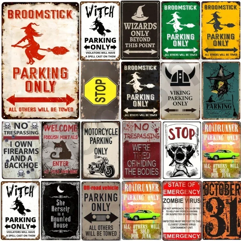 Vintage Halloween Sign: for Parking Use Only, Unique Warning Sign, Whimsical Broomstick Witch Decoration, Suitable for Kitchens, Bedrooms, Cafes, Bars, and Living Rooms