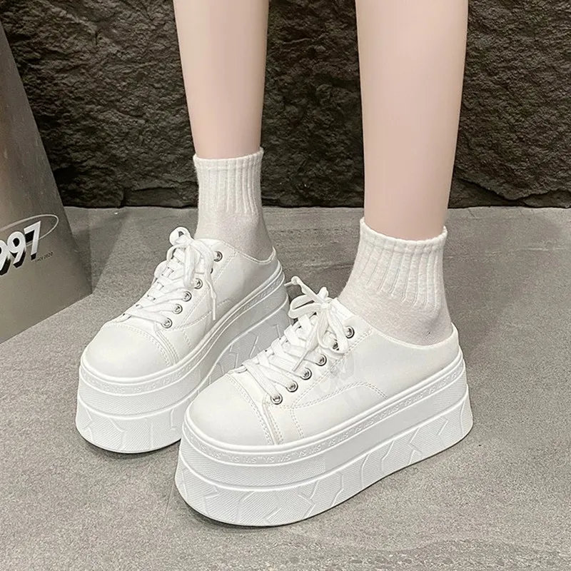 Half Slippers 7.5CM Spring Summer Women's Casual Shoes Platform Ladies Slippers Lace Up Elevator Shoe Low Top Female Footwear