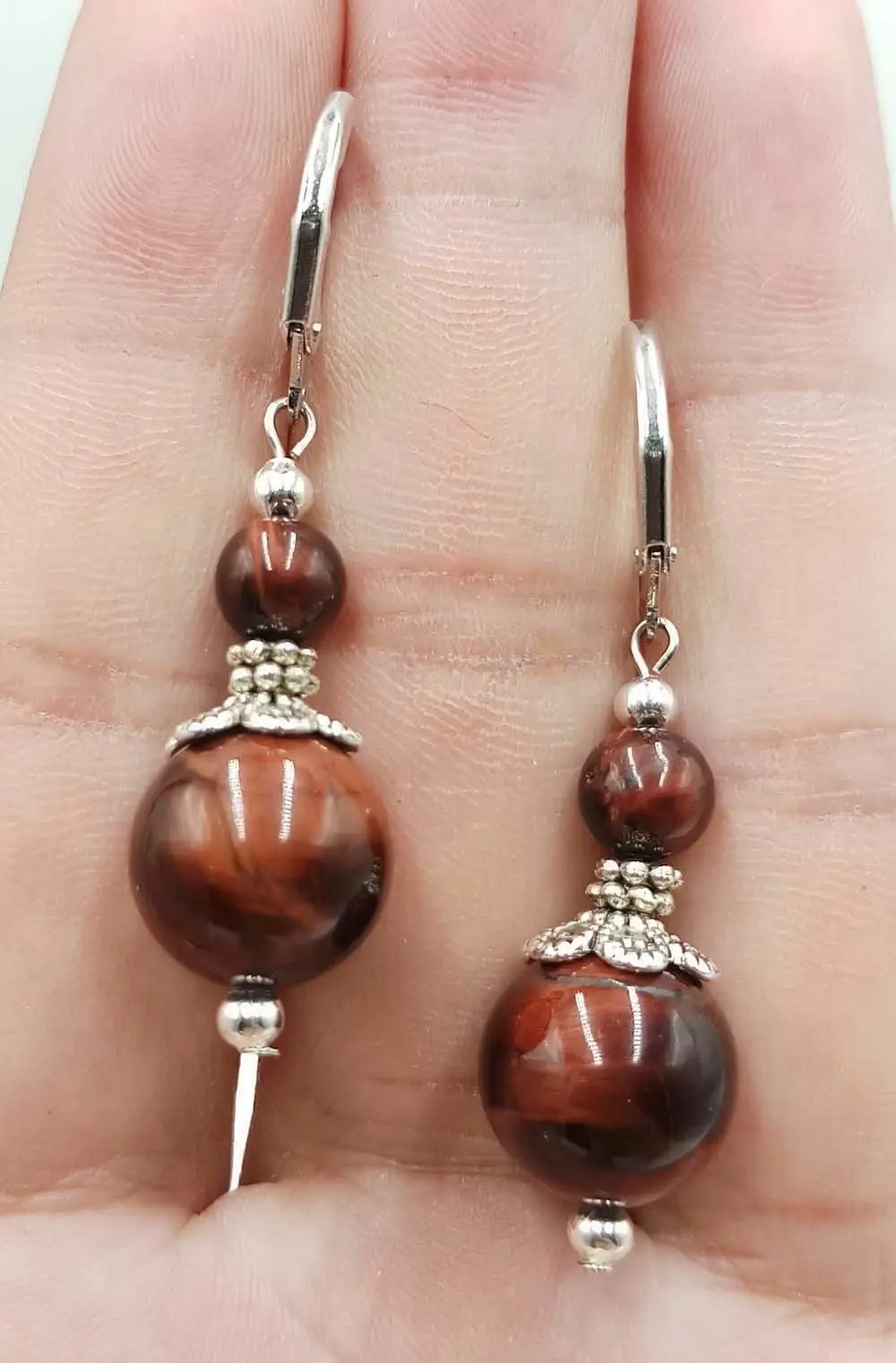 10Pairs Pretty 10mm Smooth Red Tigers Eye Gemstone Round Beads Silver Dangle Earrings