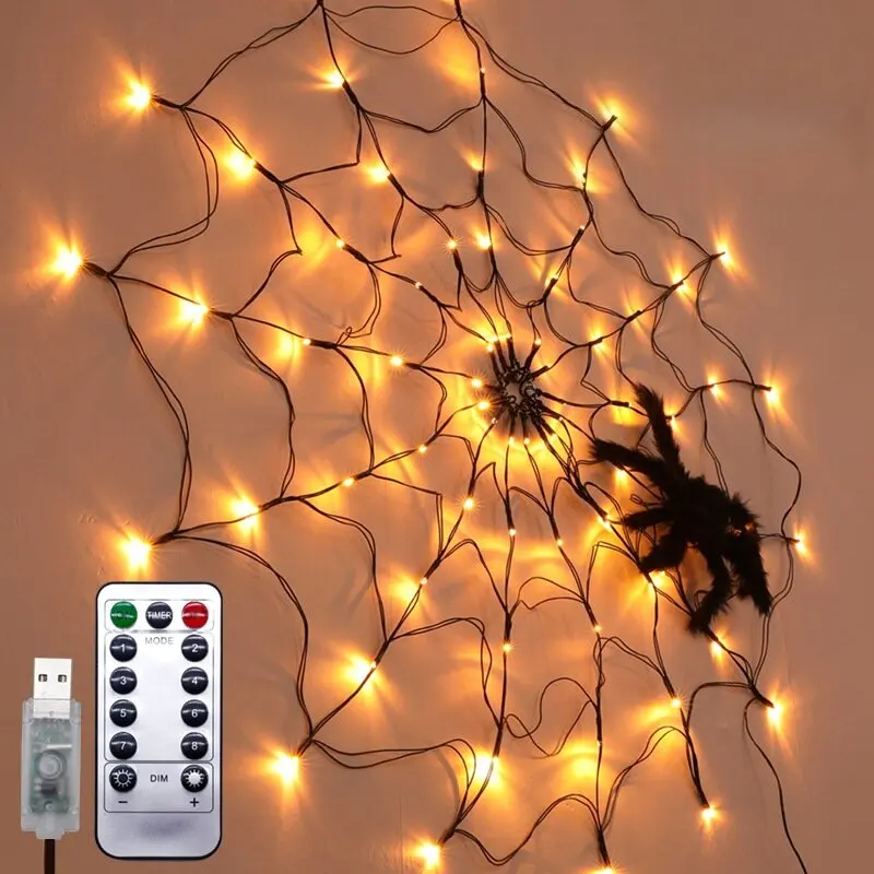 Halloween Spider Web Decoration Light With Giant Hanging Spider&Triangular Web,Indoor/Outdoor Wall Lamp For Haunted House,Party